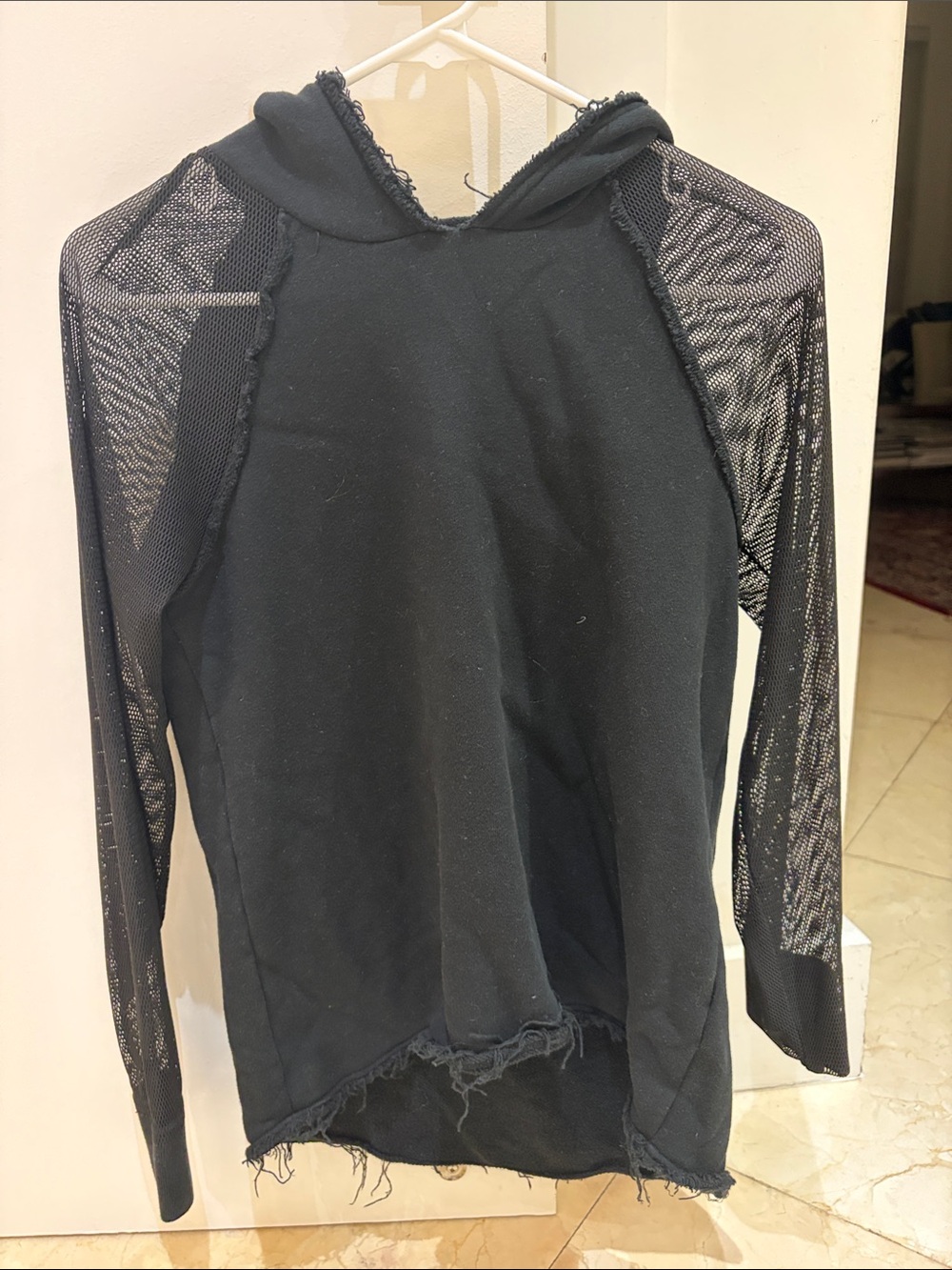 Elie Tahari Black Hooded Top with Sheer Mesh Sleeves